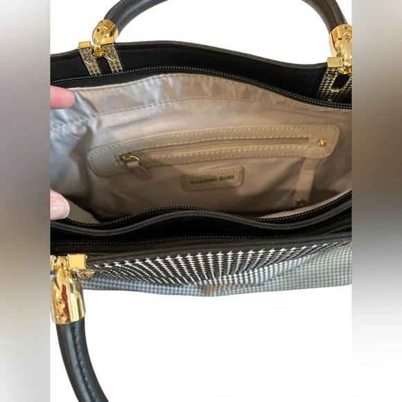 Gianni Bini Black & White Geometric Dot Structured Satchel with Gold Hardware - Picture 6 of 12
